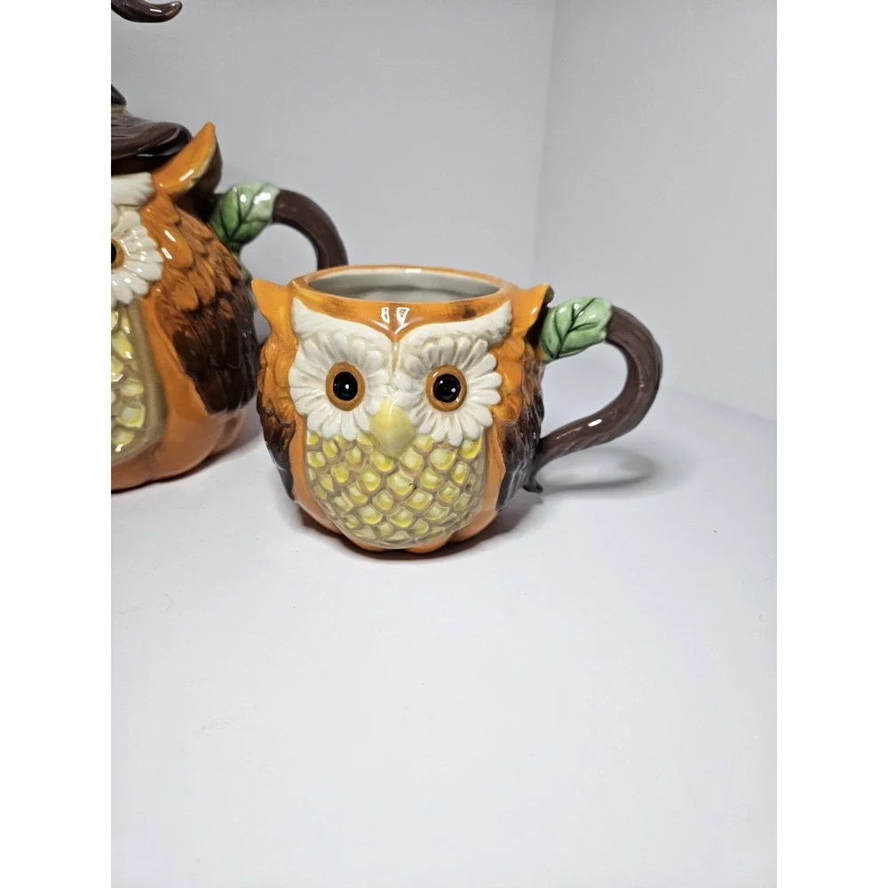 Cracker Barrel Stoneware Witch Pumpkin Owl Tea Pot Mug Cup 3 piece Halloween